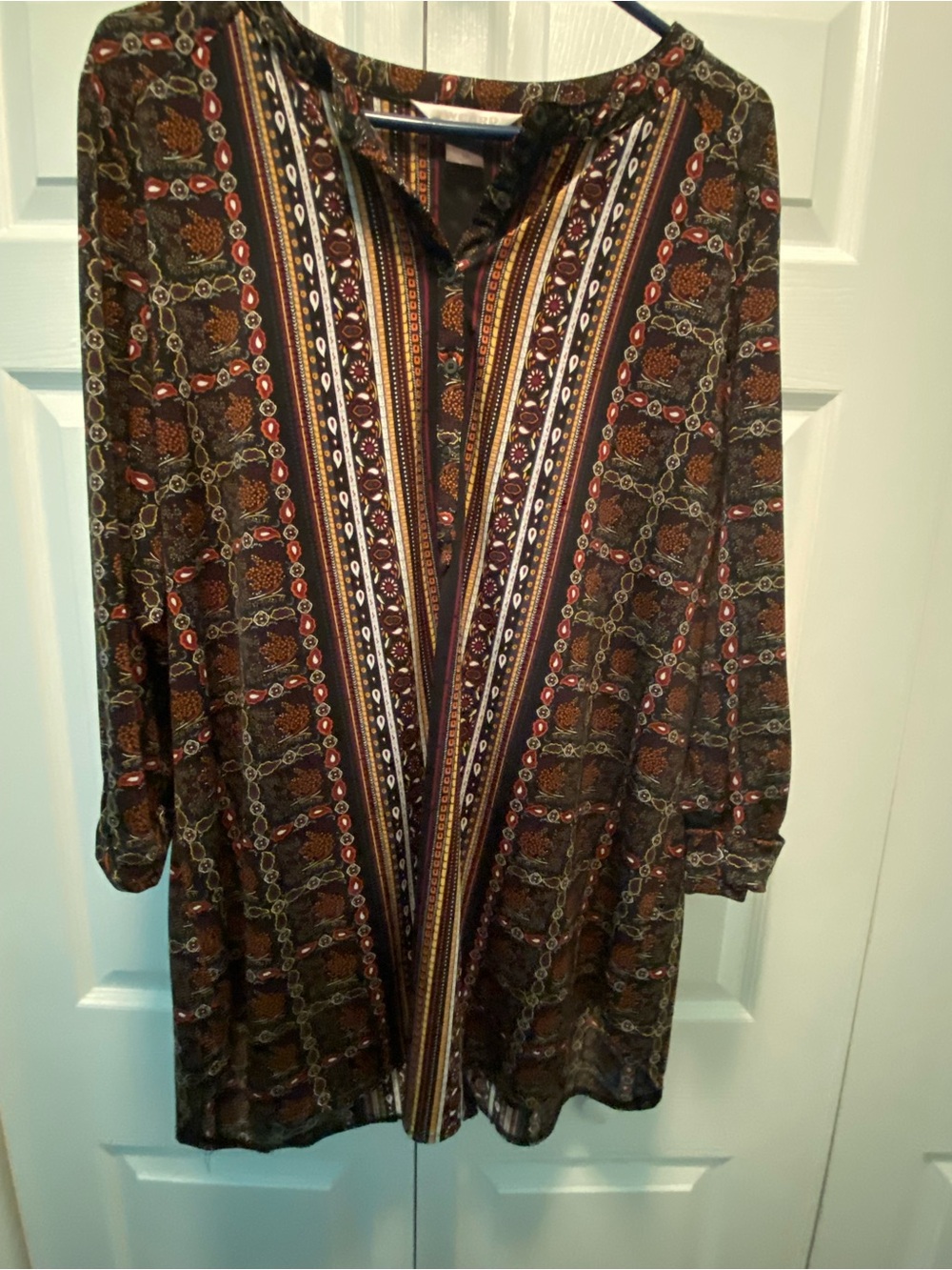 Nygard Autumn/Fall/Earth Tone Colors Mixed Media Geometric Design Blouse 1X